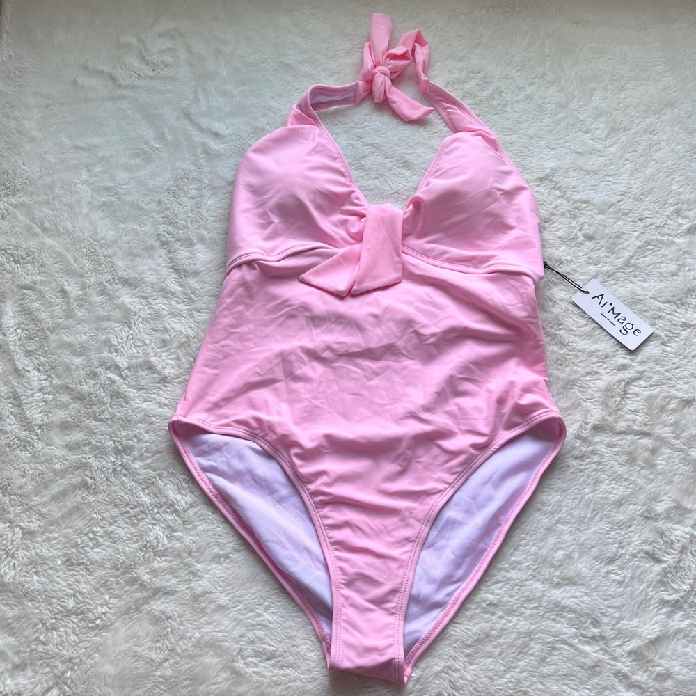 Ai'Mage Pink Halter One Piece Swimsuit Front Knot Detail Size M NEW